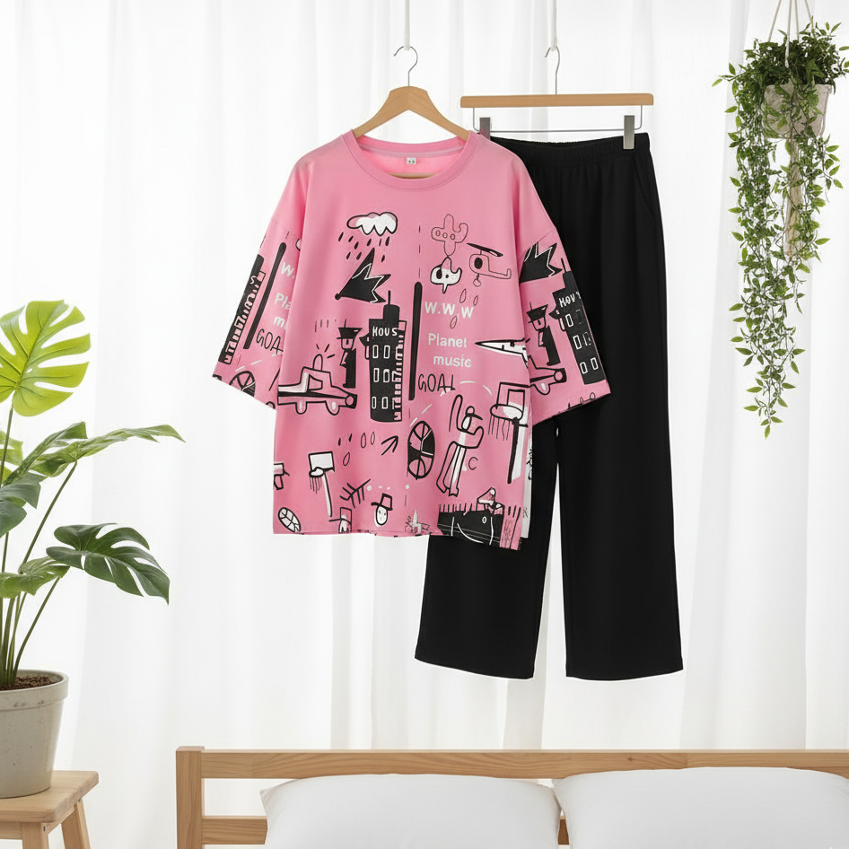 Pink City Groove Oversized Nightwear Casual Wear(with Black Plain Trouser)