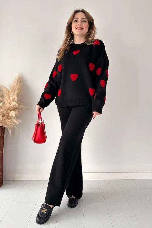Winter Red Hearts Black Co-Ord Set Night Suit