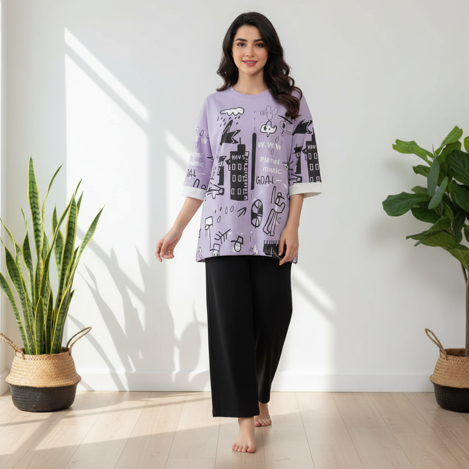 Purple Multi Planets Printed Shirt With Black Trouser