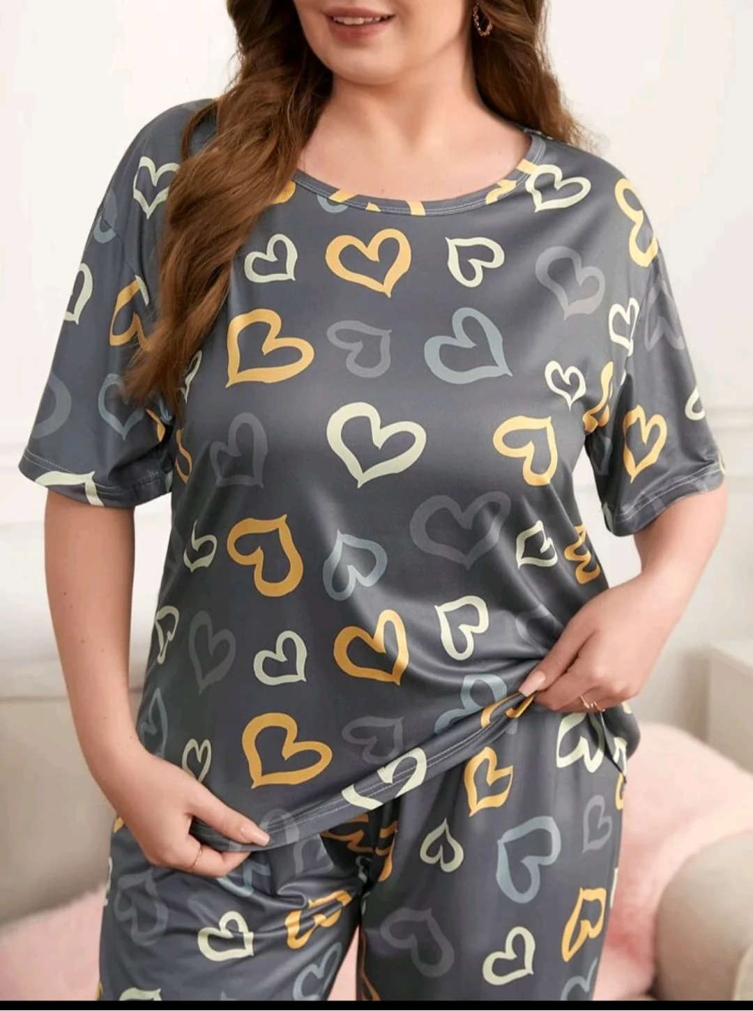 Multi Hearts Pattern Grey 2 PC Nightwear Nightdress