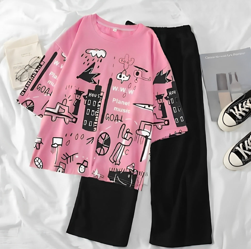 Pink City Groove Oversized Graphic Shirt (with Black Plain Trouser)