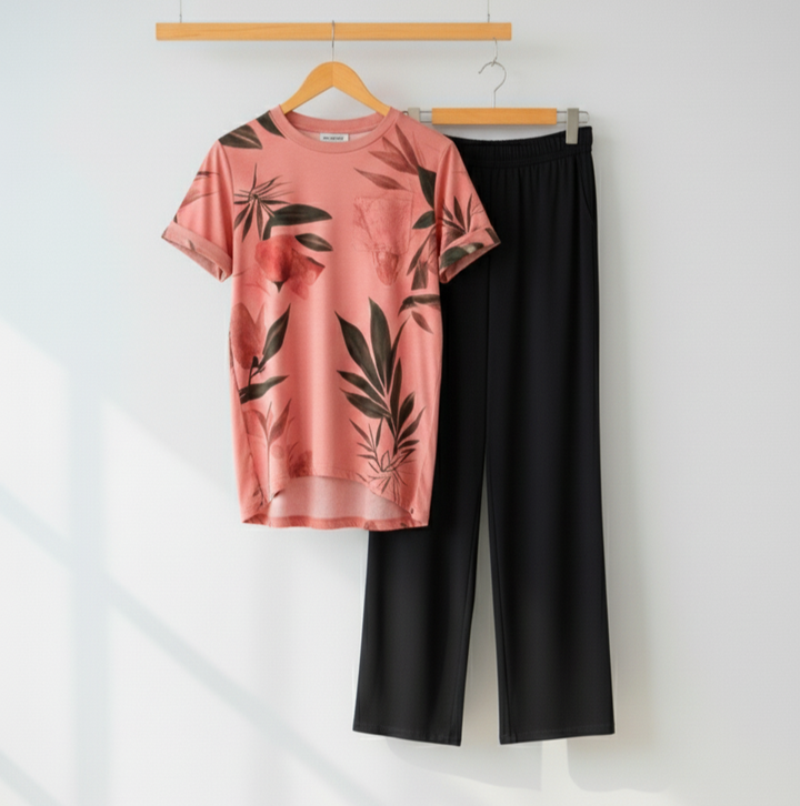 SALMON PINK DRESS (with Black Trousers)