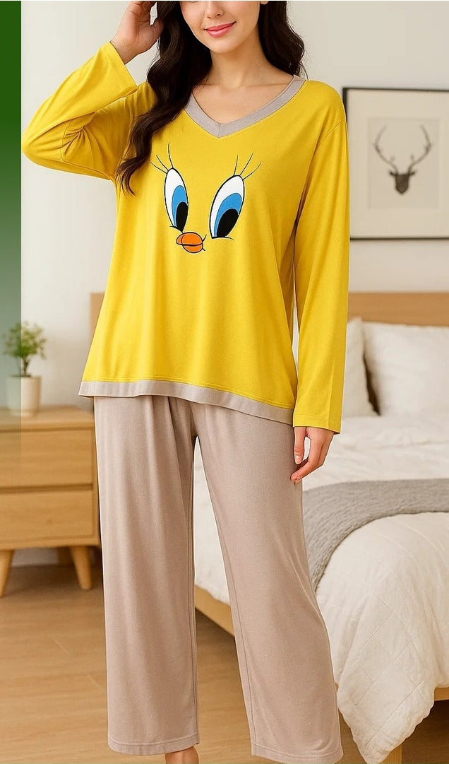 Yellow Dafy V-Neck T Shirt with Contrast Trouser PJ Set