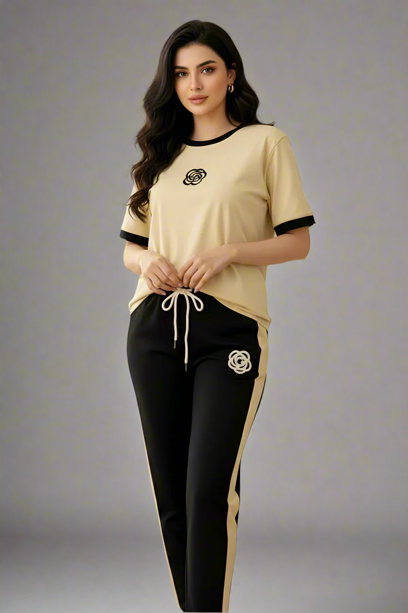 Black Flower Creamy 2 PC Nightwear