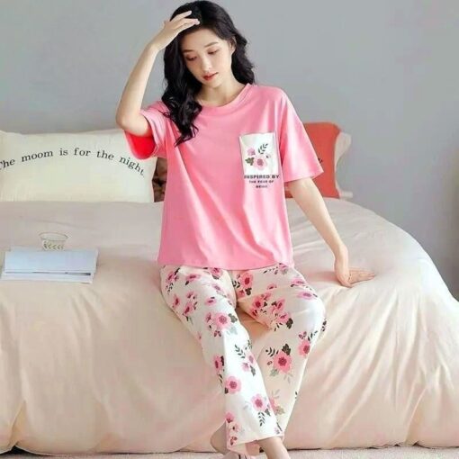 Pink Flower 2 PC Nightwear Nightdress